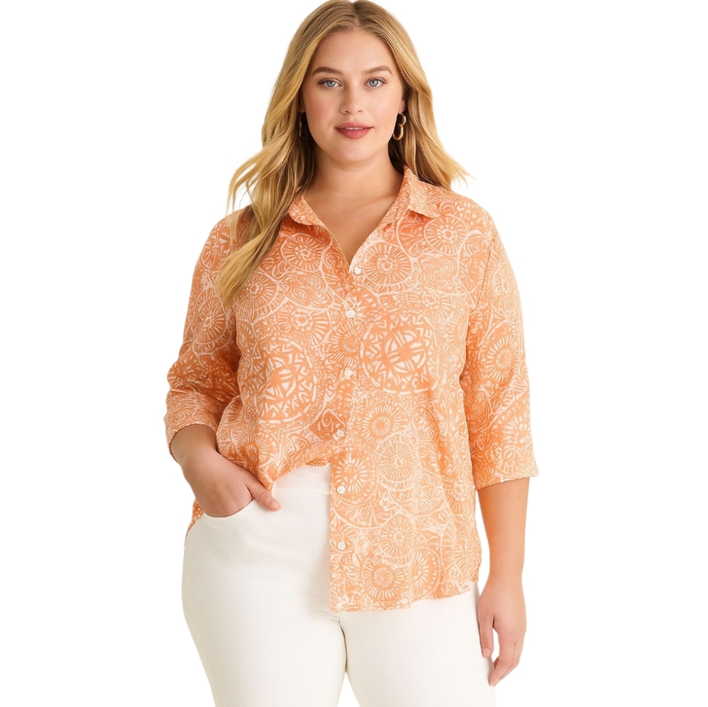 CHICOS 100% linen size 3/16 large artsy melon aboriginal print button down shirt